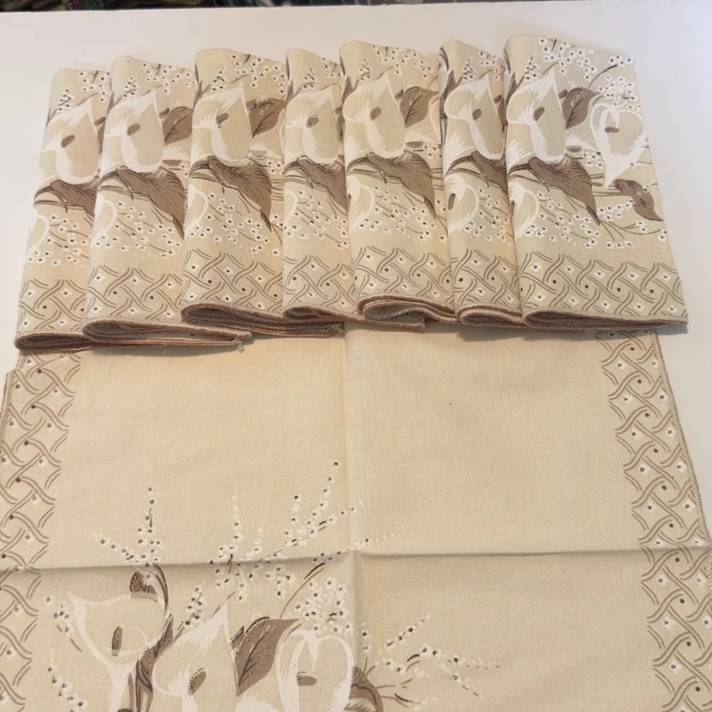 Vintage Calla Lily Floral Cloth Napkins Set of 8 Cream Tan Lattice Border 16x16